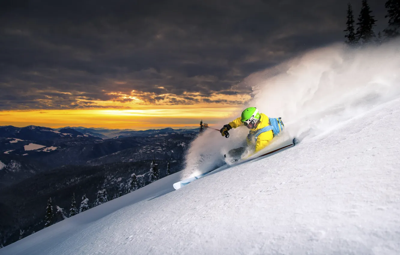 Фото обои снег, горы, спуск, лыжник
