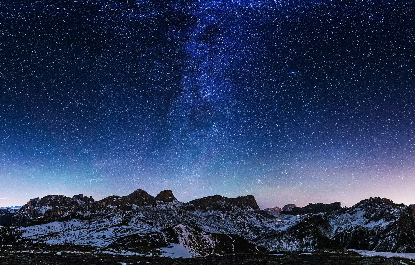 Фото обои космос, звезды, снег, горы, загадка, Млечный Путь