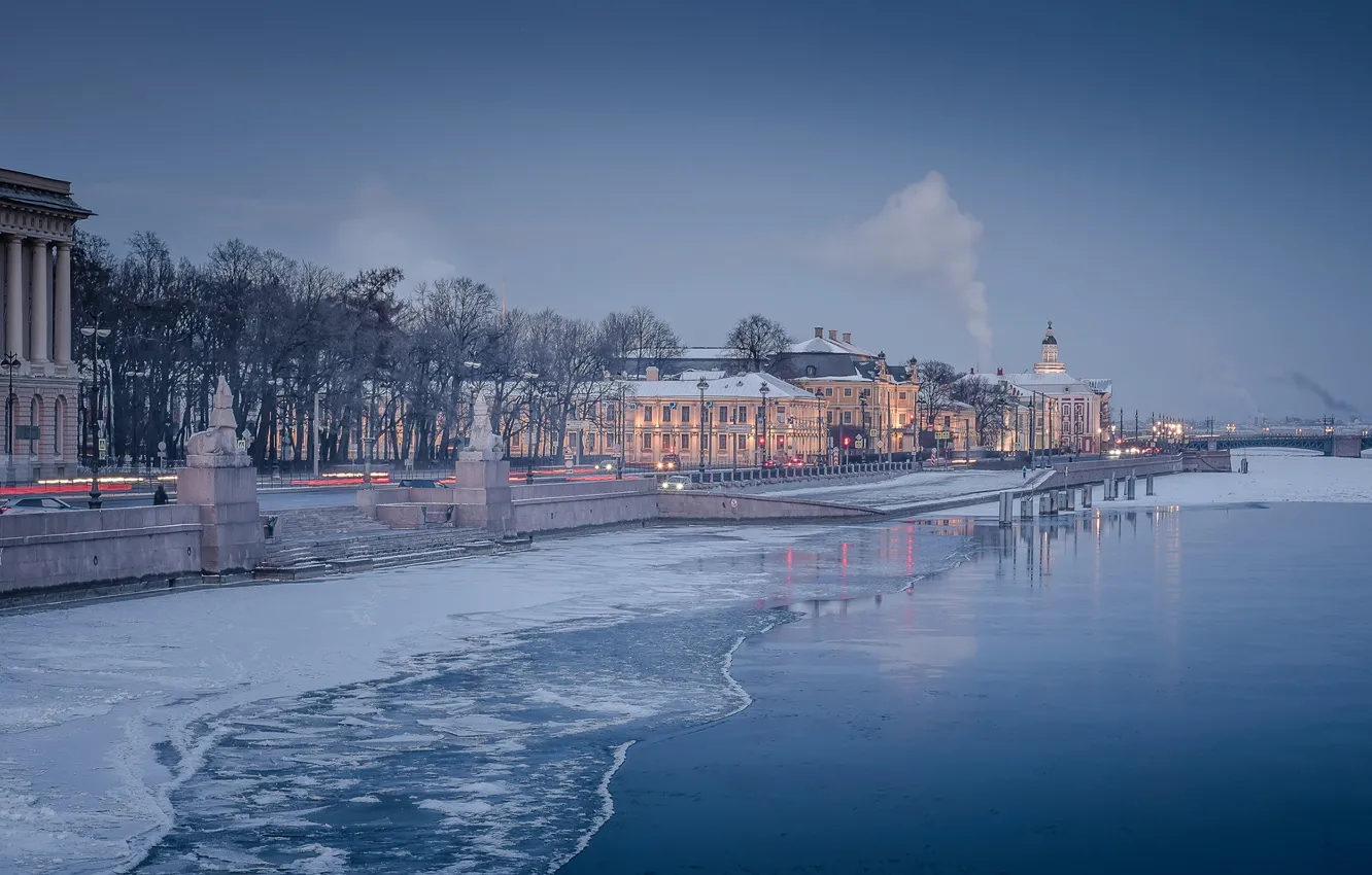 Фото обои зима, небо, снег, река, здания, вечер, Санкт-Петербург