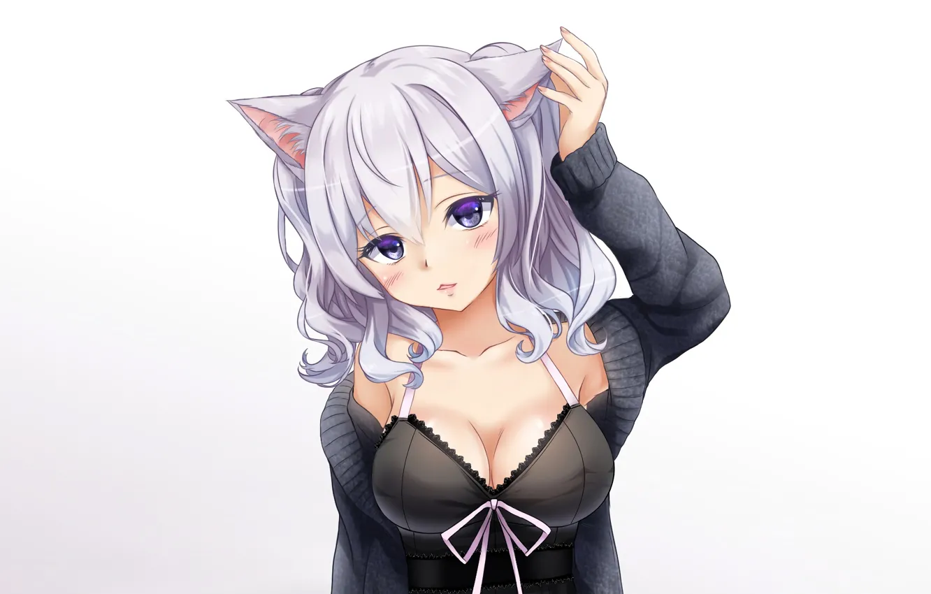 Фото обои girl, sexy, cleavage, blouse, long hair, boobs, animal ears, anime