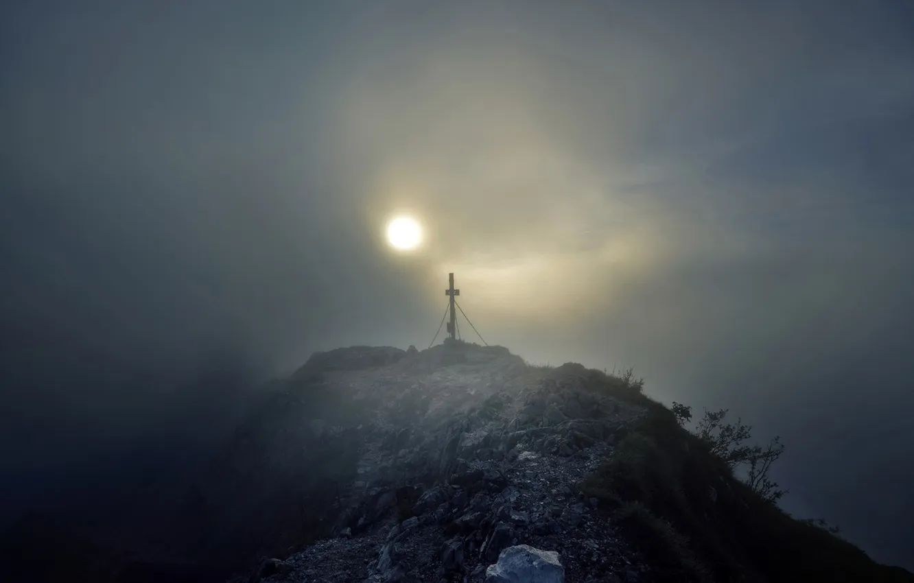 Фото обои горы, туман, высота, солнечный свет