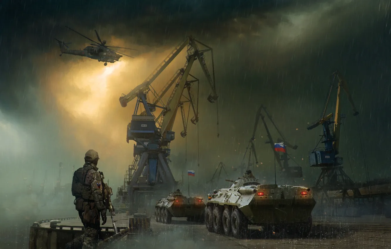 Фото обои Вечер, Дым, Война, Вертолет, Солдат, Россия, Арт, Украина
