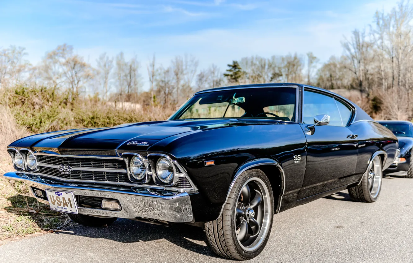 Фото обои car, USA, grass, black, sky, blue, Chevrolet Chevelle SS 396