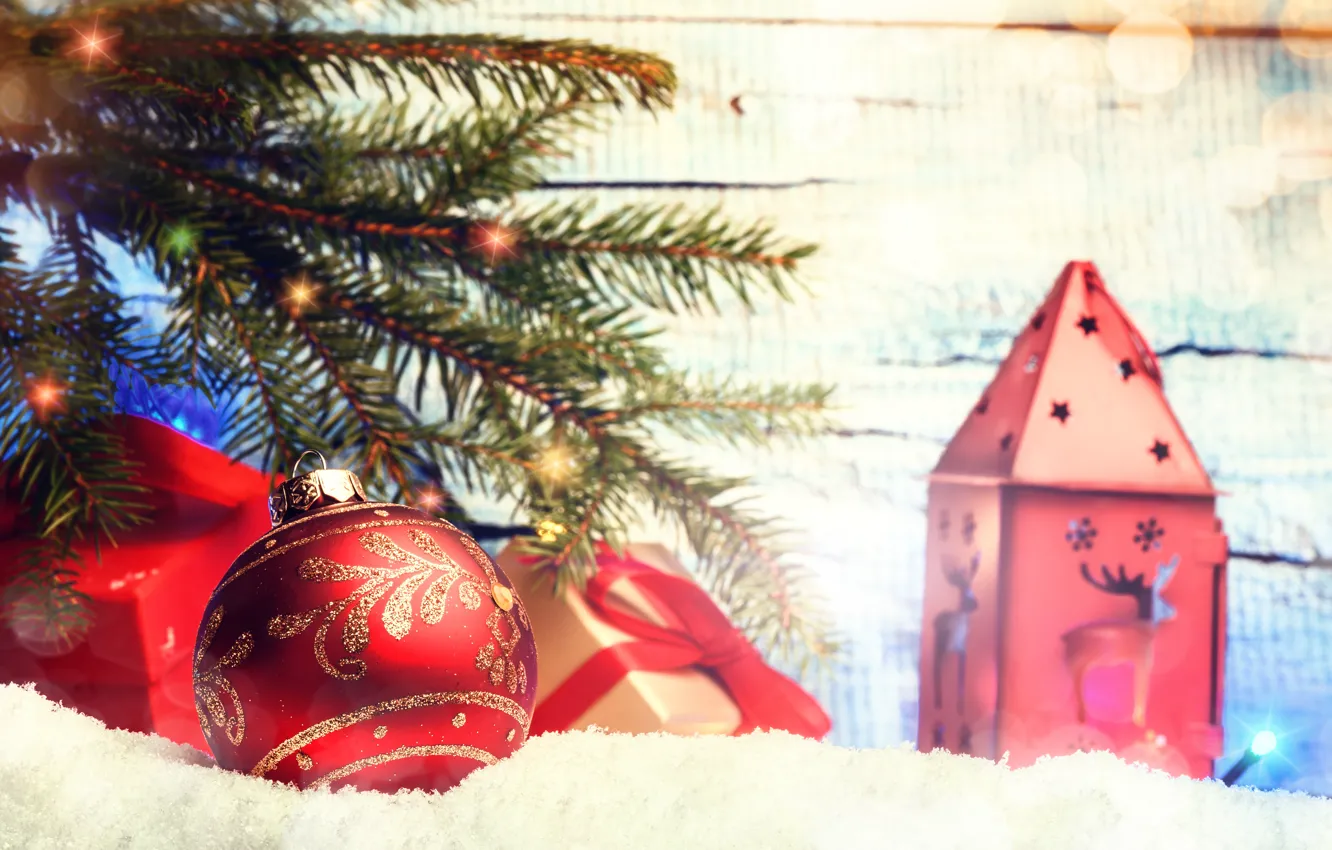 Фото обои снег, украшения, шары, елка, Новый Год, Рождество, happy, Christmas