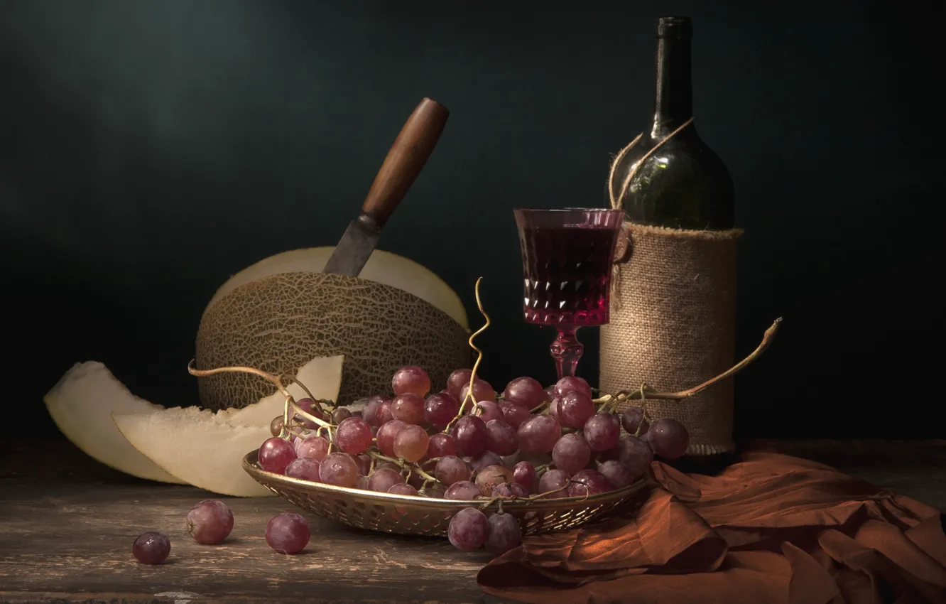 Фото обои вино, виноград, натюрморт, дыня