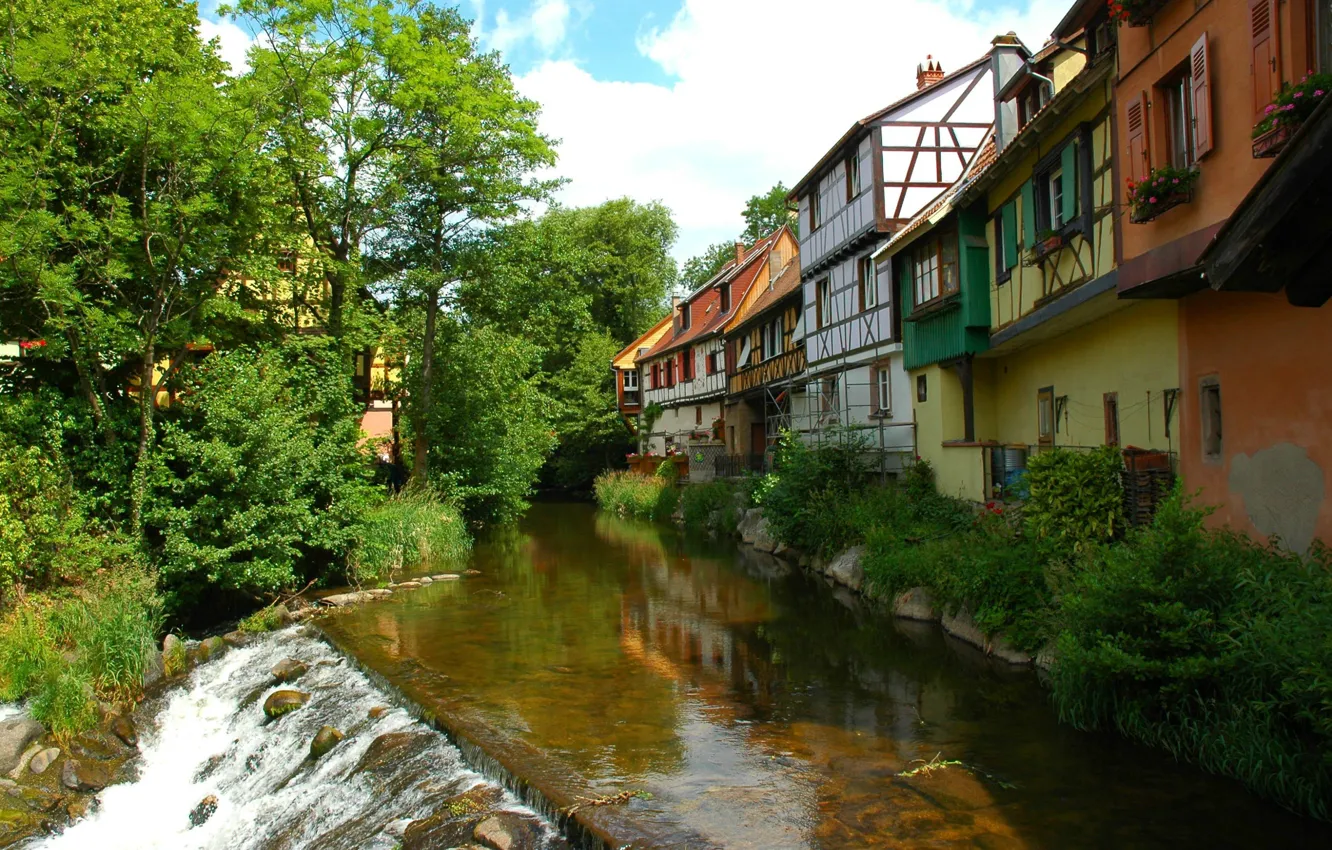Фото обои река, листва, дома, France, Alsace