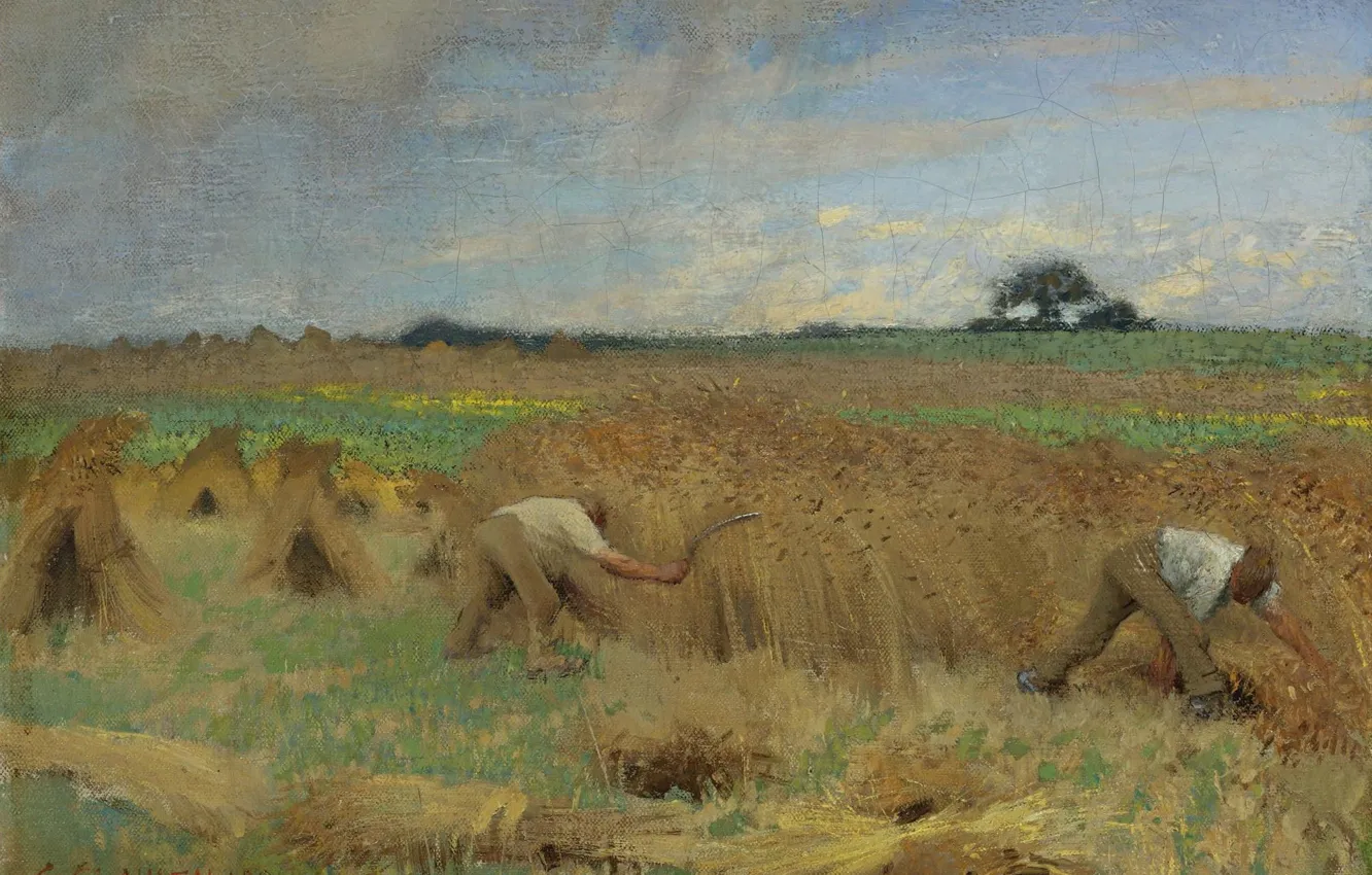 Фото обои пейзаж, картина, Жнецы, George Clausen, Джордж Клаузен