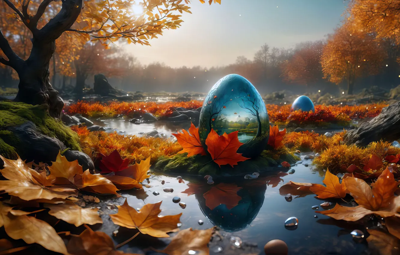 Фото обои fantasy, autumn, leaves, egg, crystal egg