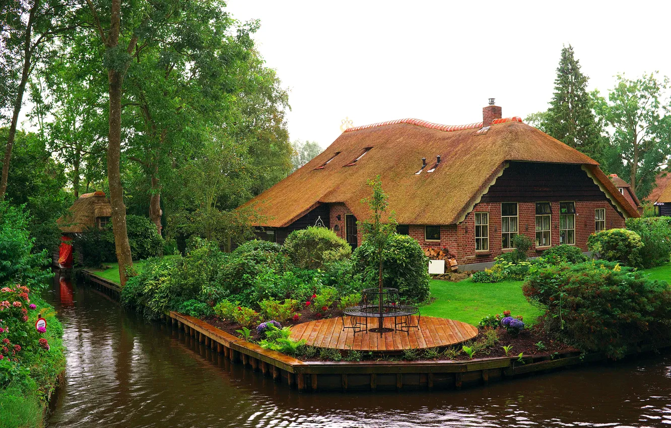 Фото обои деревья, цветы, дизайн, дом, газон, сад, канал, Нидерланды
