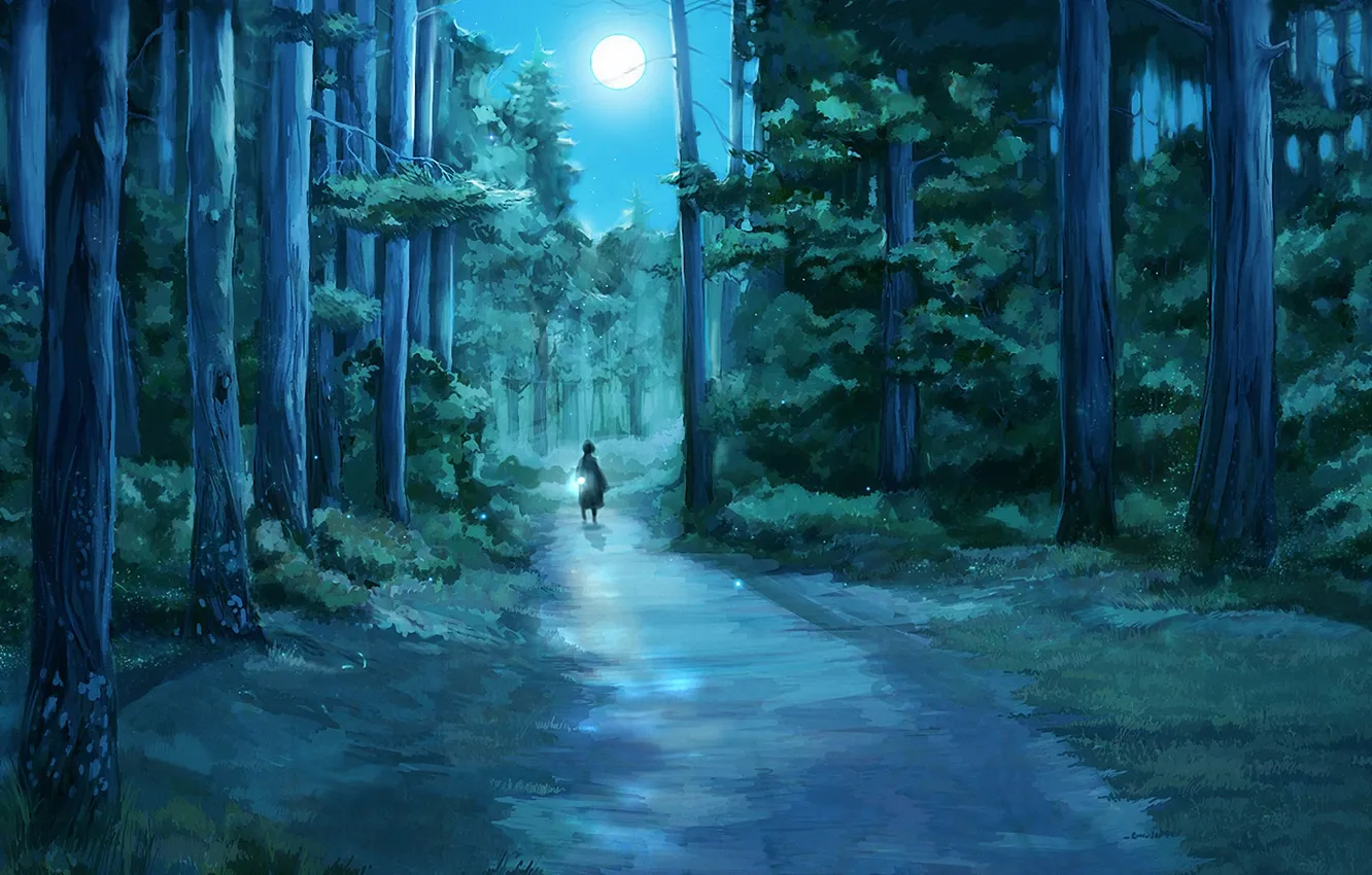 Фото обои лес, ночь, светлячки, луна, рисунок, фонарик, девочка, ёлки