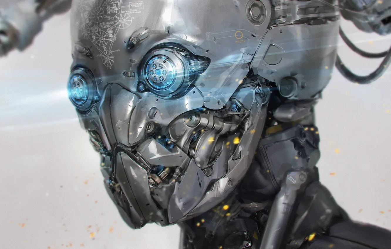 Фото обои механизм, робот, монстр, киборг, андроид, железный чел, горящие глаза