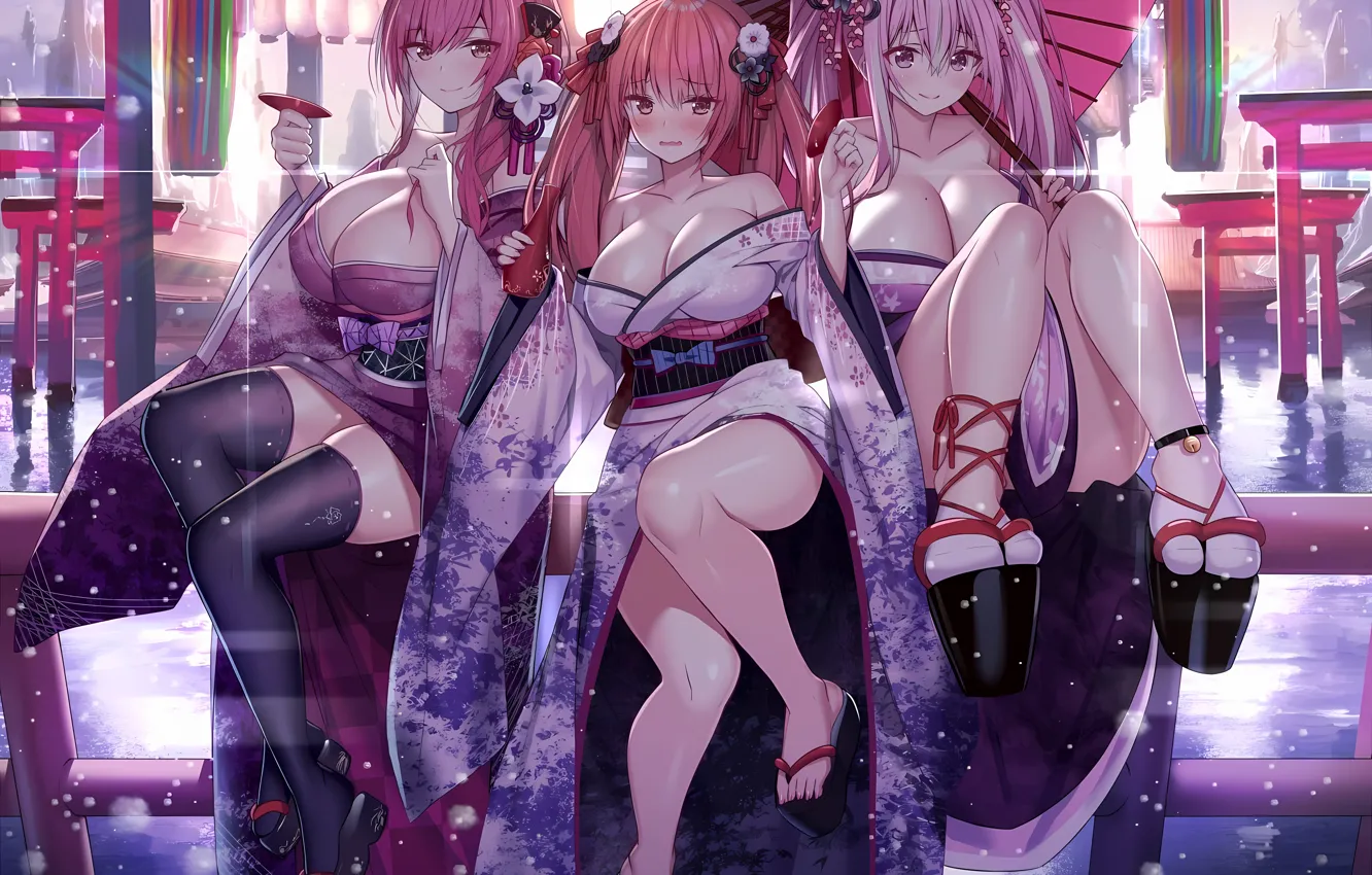 Фото обои sexy, yukata, cleavage, thighhighs, pink hair, red hair, long hair, dress