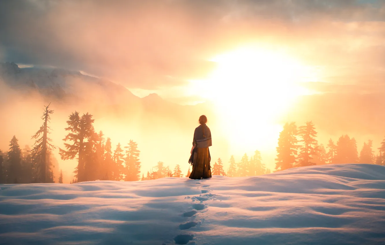 Фото обои девушка, солнце, снег, горы, вид, Arise, Lizzy Gadd