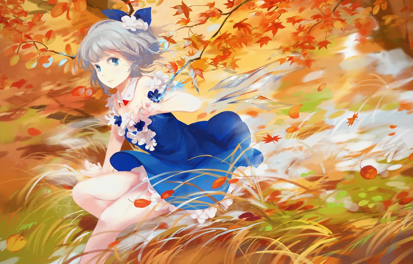 Фото обои осень, трава, листья, ветер, touhou, art, голубое платье, Cirno