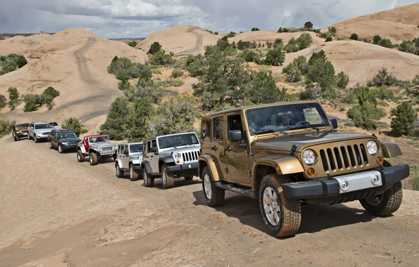 Фото обои фон, холмы, Джип, внедорожники, модельный ряд, Jeep