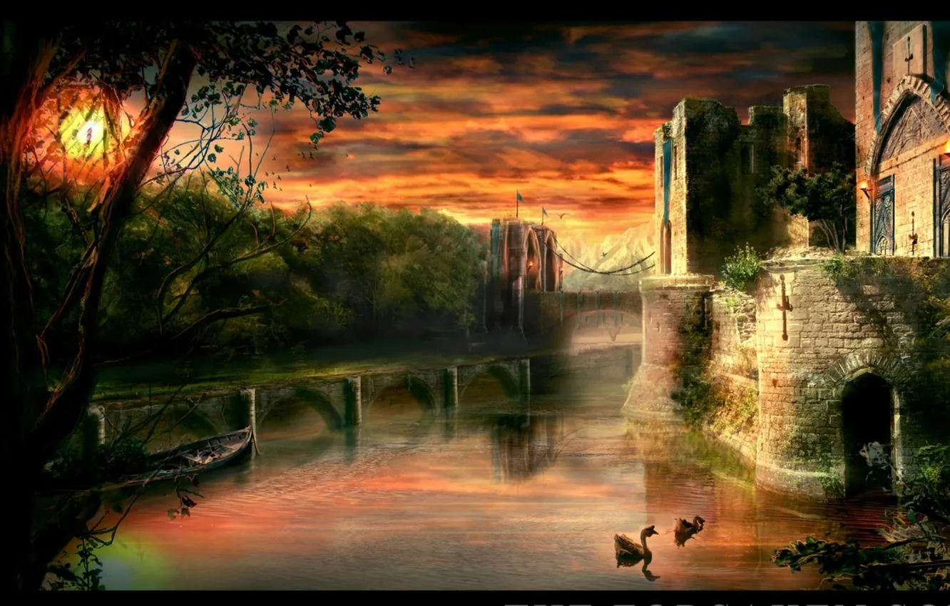 Фото обои закат, мост, озеро, замок, fantasy