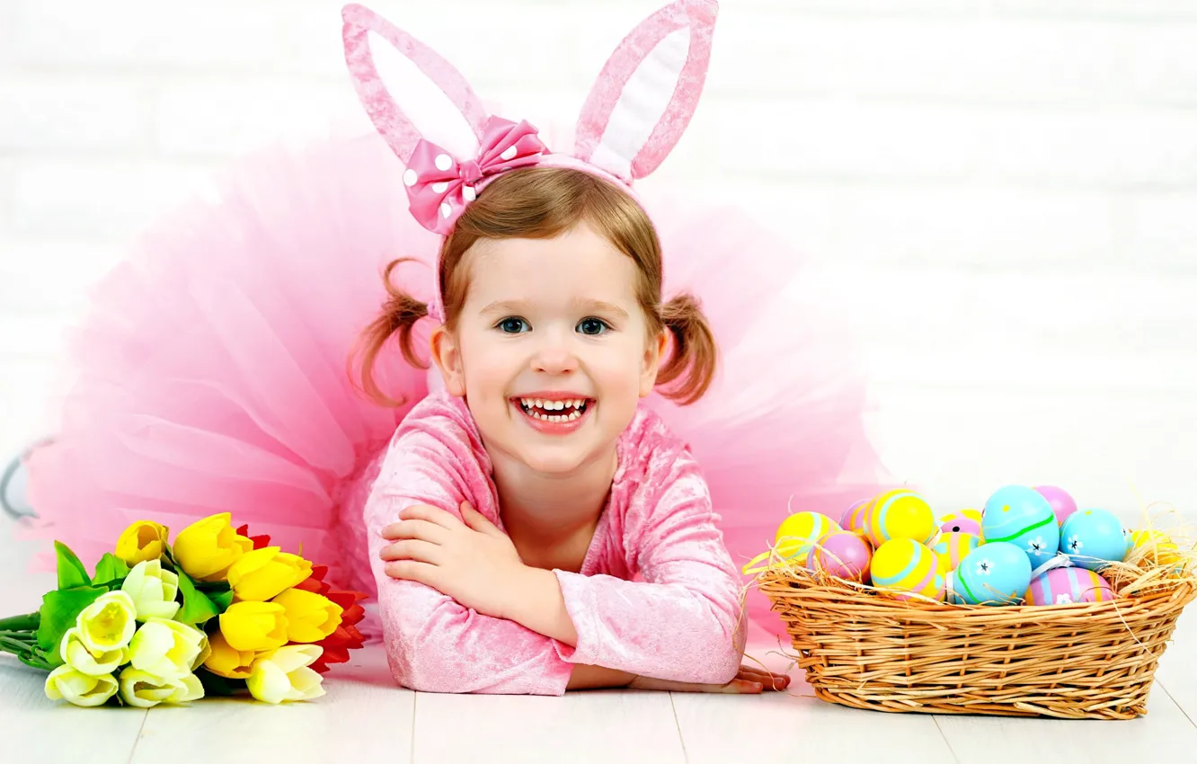 Фото обои праздник, яйца, кролик, пасха, девочка
