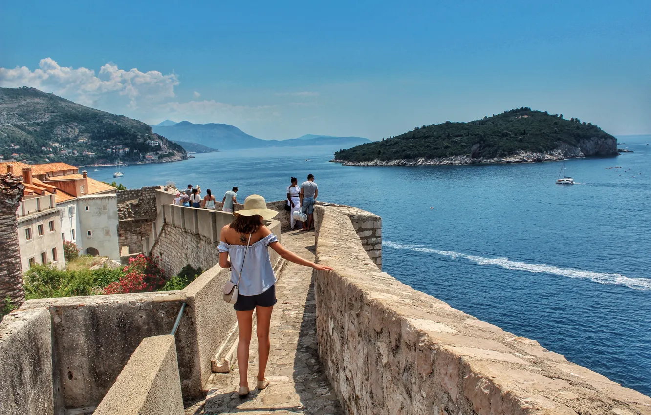 Фото обои Море, Люди, Хорватия, Croatia, Дубровник, Dubrovnik, Defensive stone walls, Оборонительные каменные стены