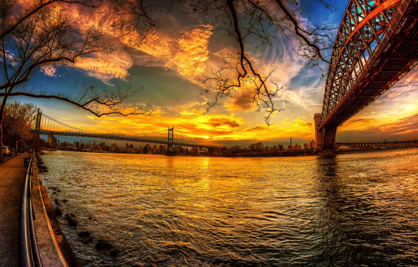 Фото обои небо, закат, мост, река