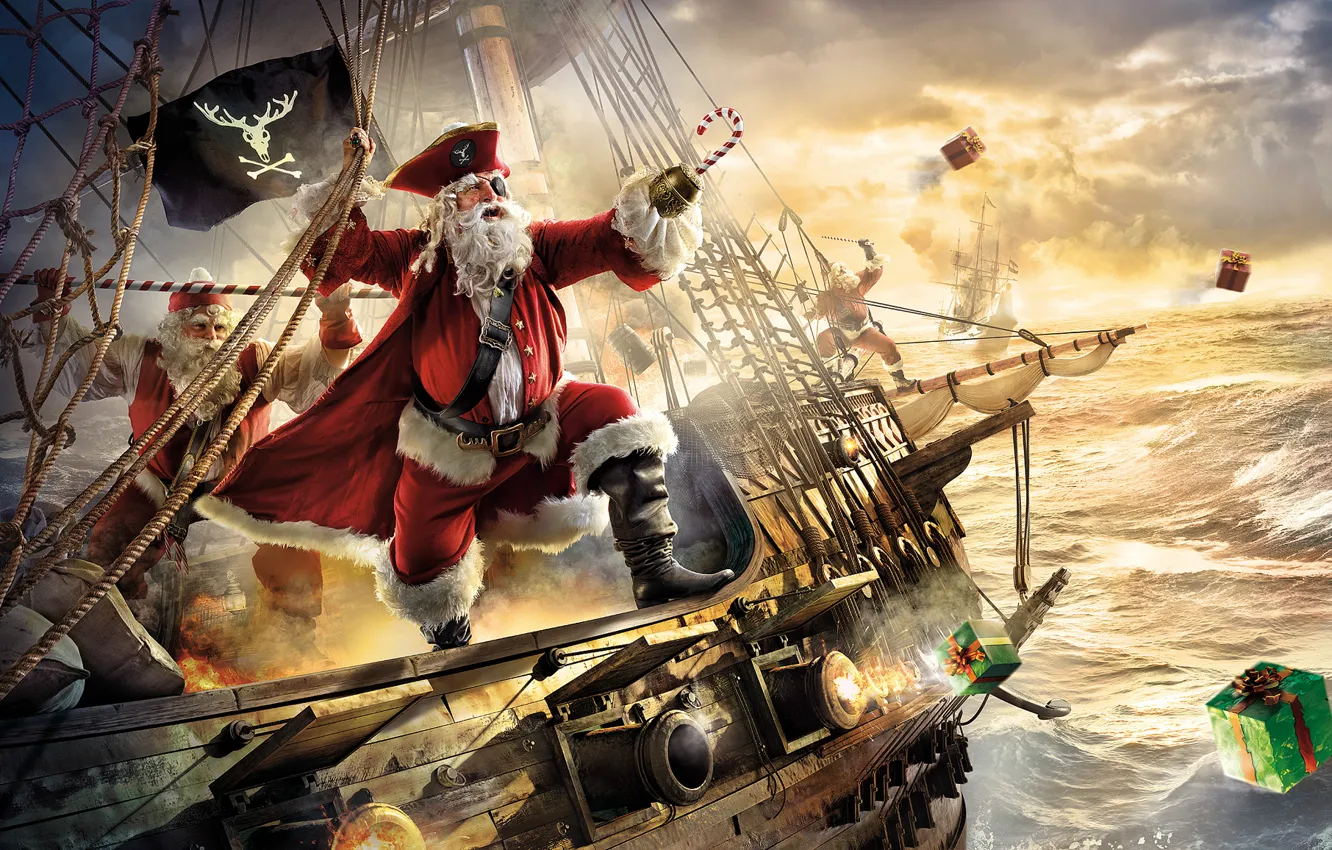 Фото обои пираты, фрегат, Santa Claus, Санта-Клаус