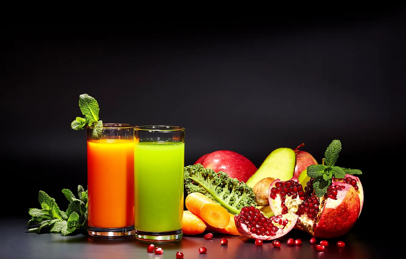 Фото обои зелень, яблоко, сок, фрукты, овощи, морковь, гранат, авокадо