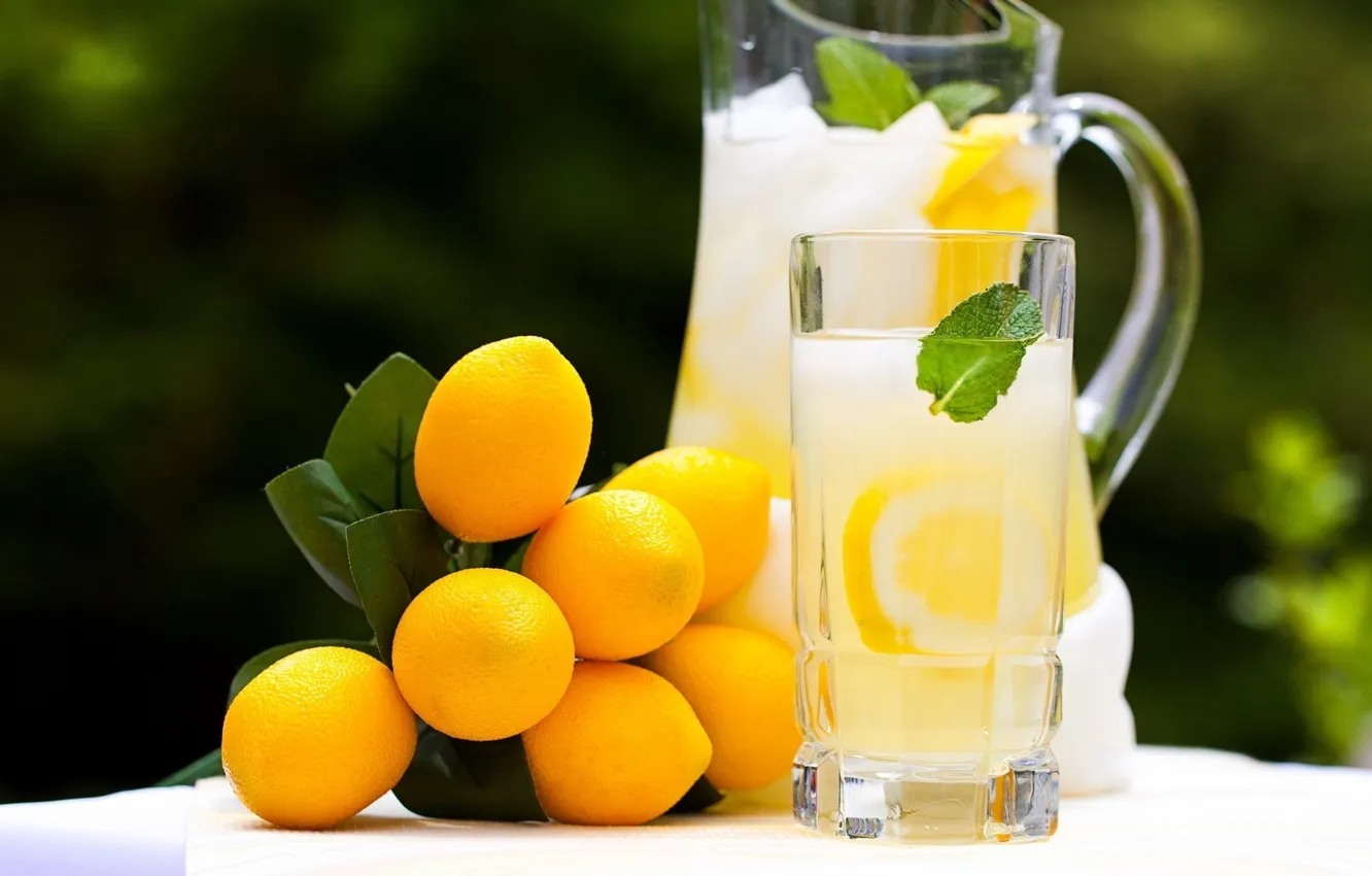 Фото обои стакан, лимоны, лимонад, графин
