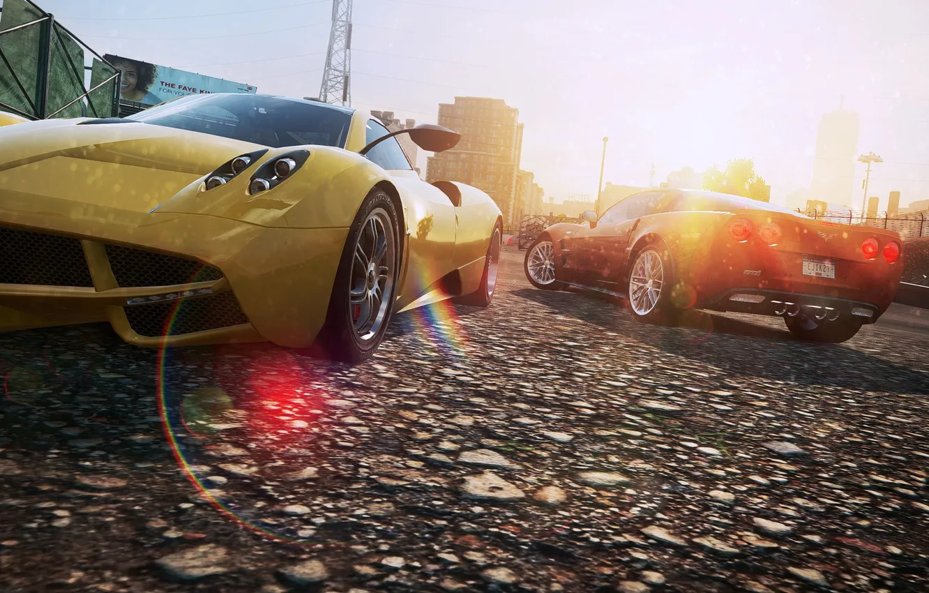 Фото обои солнце, город, ракурс, суперкары, need for speed most wanted 2, pagani huayra, chevrolet corvette z06