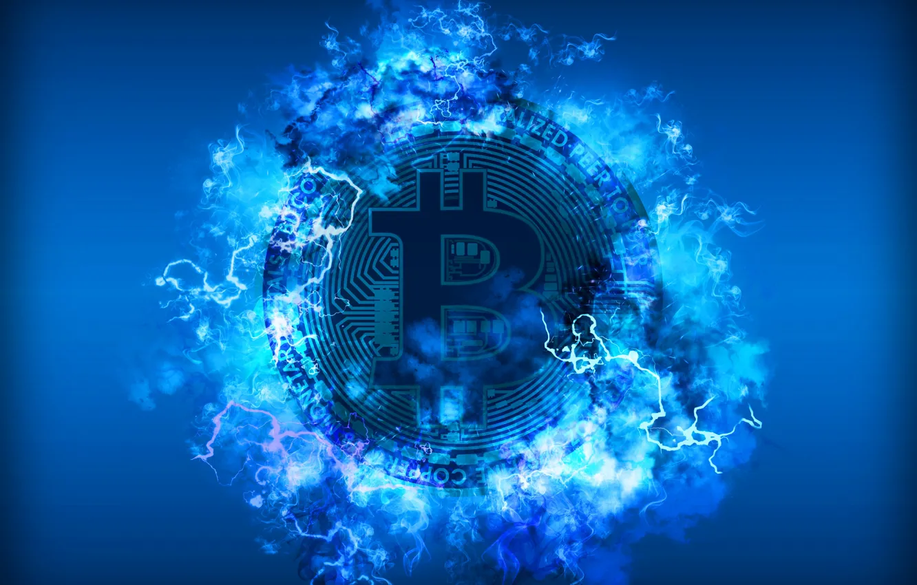 Фото обои синий, молния, blue, fon, coin, bitcoin, биткоин, btc