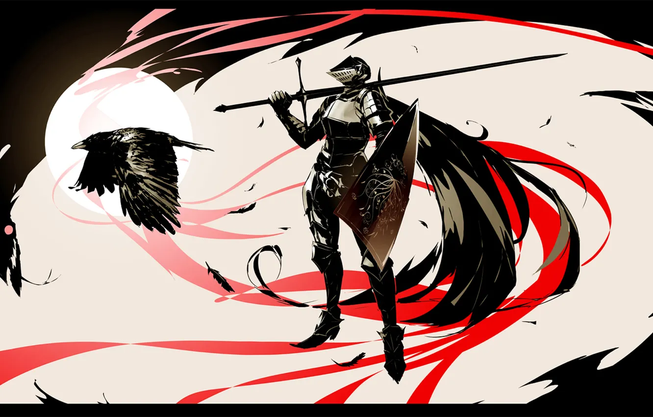 Фото обои тьма, меч, воин, шлем, щит, рыцарь, ворон, доспех