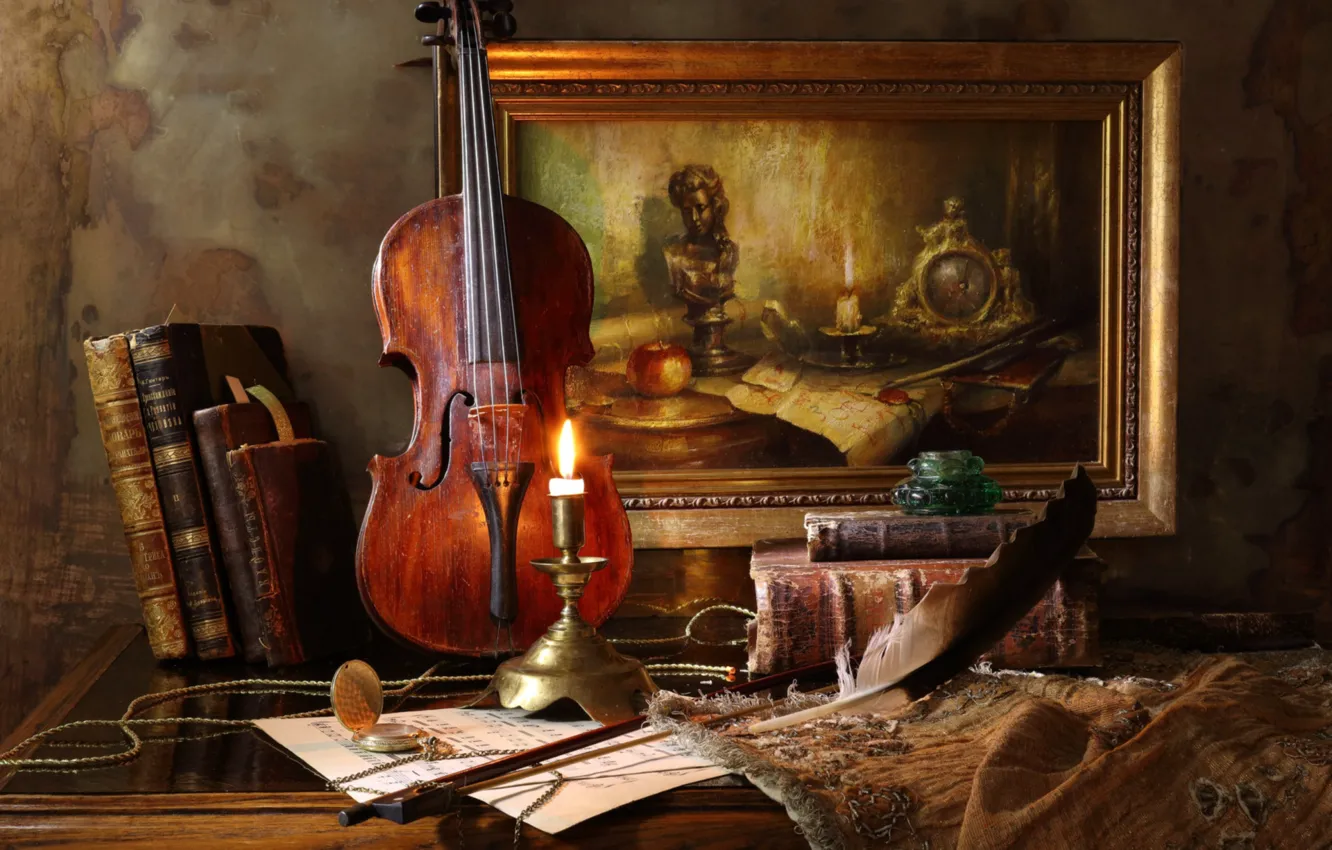Фото обои перо, скрипка, часы, книги, свеча, картина, чернильница