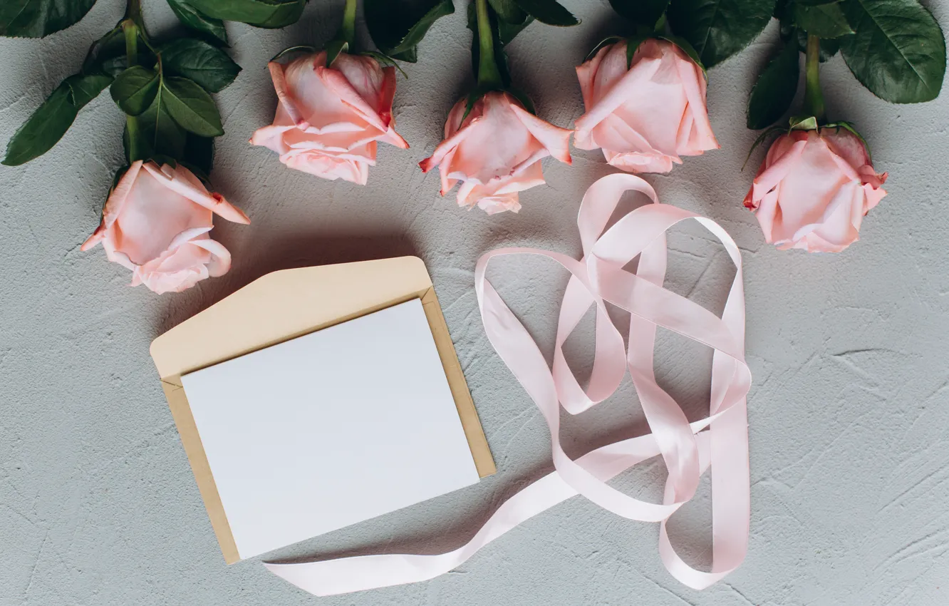 Фото обои письмо, цветы, розы, Лента, розовые, конверт