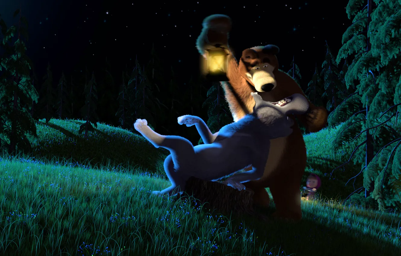 Фото обои поиск, волк, мишка, пасть, фонарь, Маша и медведь, Мультсериал