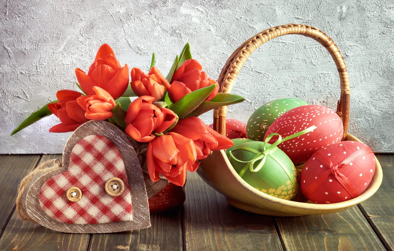 Фото обои цветы, яйца, весна, Пасха, тюльпаны, red, love, happy