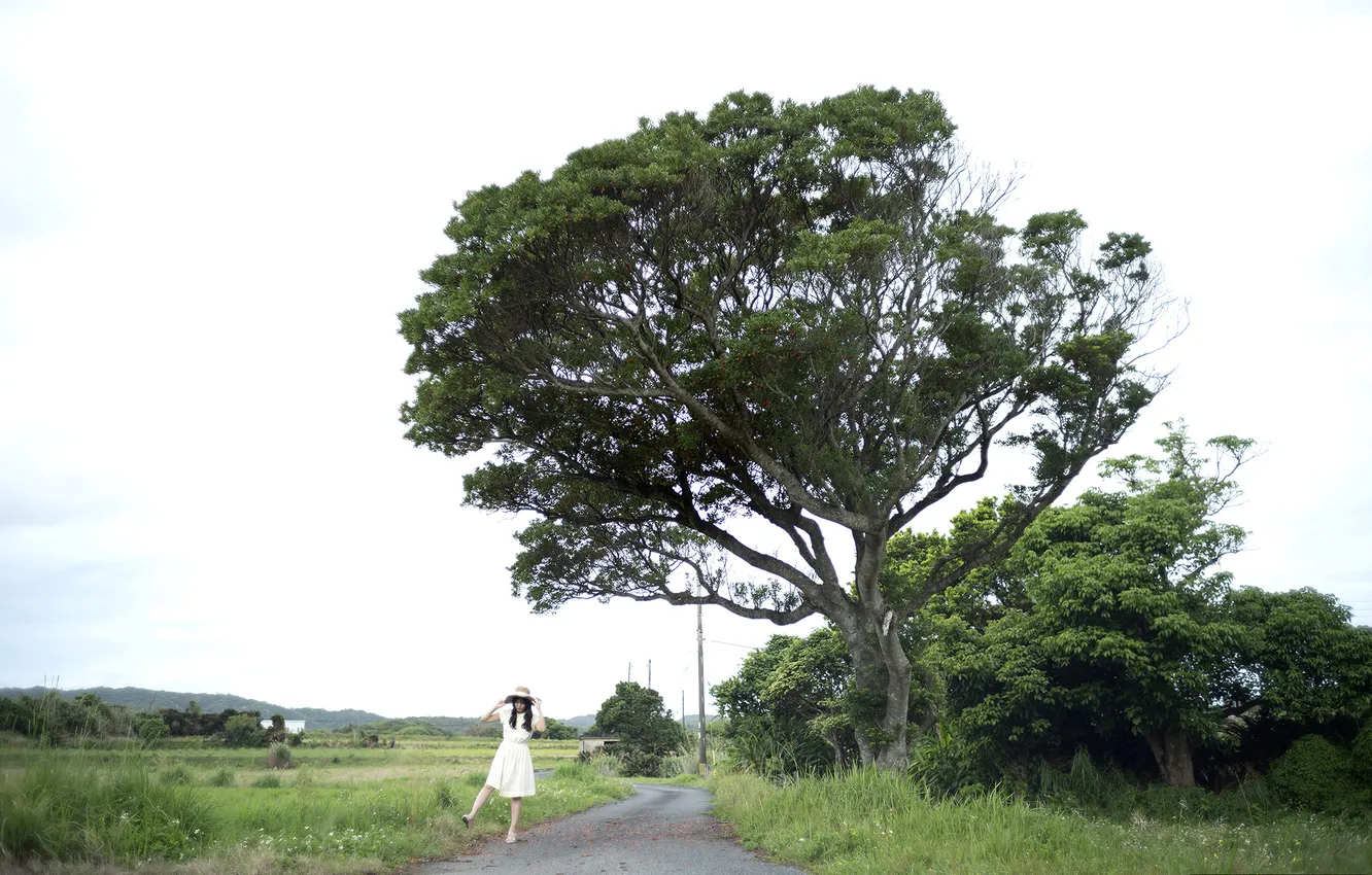 Фото обои Grass, Beautiful, Asian, Model, Woman, Road, Hat, Trees