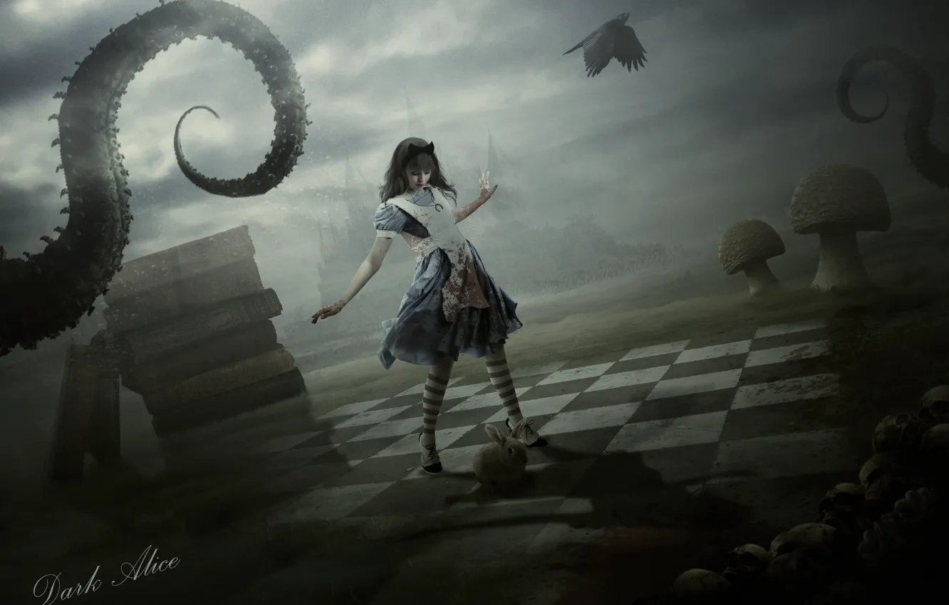 Фото обои девушка, замок, гриб, книги, кролик, платье, черепа, щупальце
