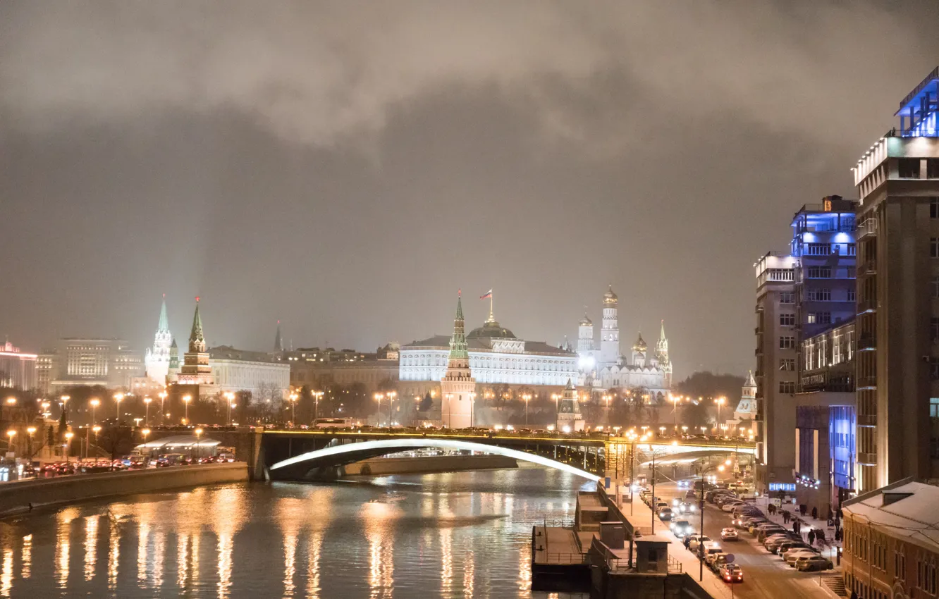Фото обои ночь, город, огни, река, Москва, Кремль, Russia, Moscow