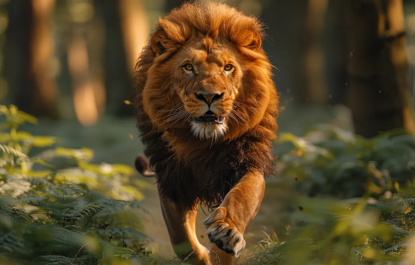 Фото обои деревья, хищник, лев, бег, большая кошка, цифровое искусство, ИИ-арт, Искусство искусственного интеллекта