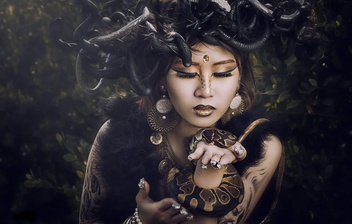 Фото обои змеи, девушка, стиль, модель, макияж, азиатка, Медуза Горгона