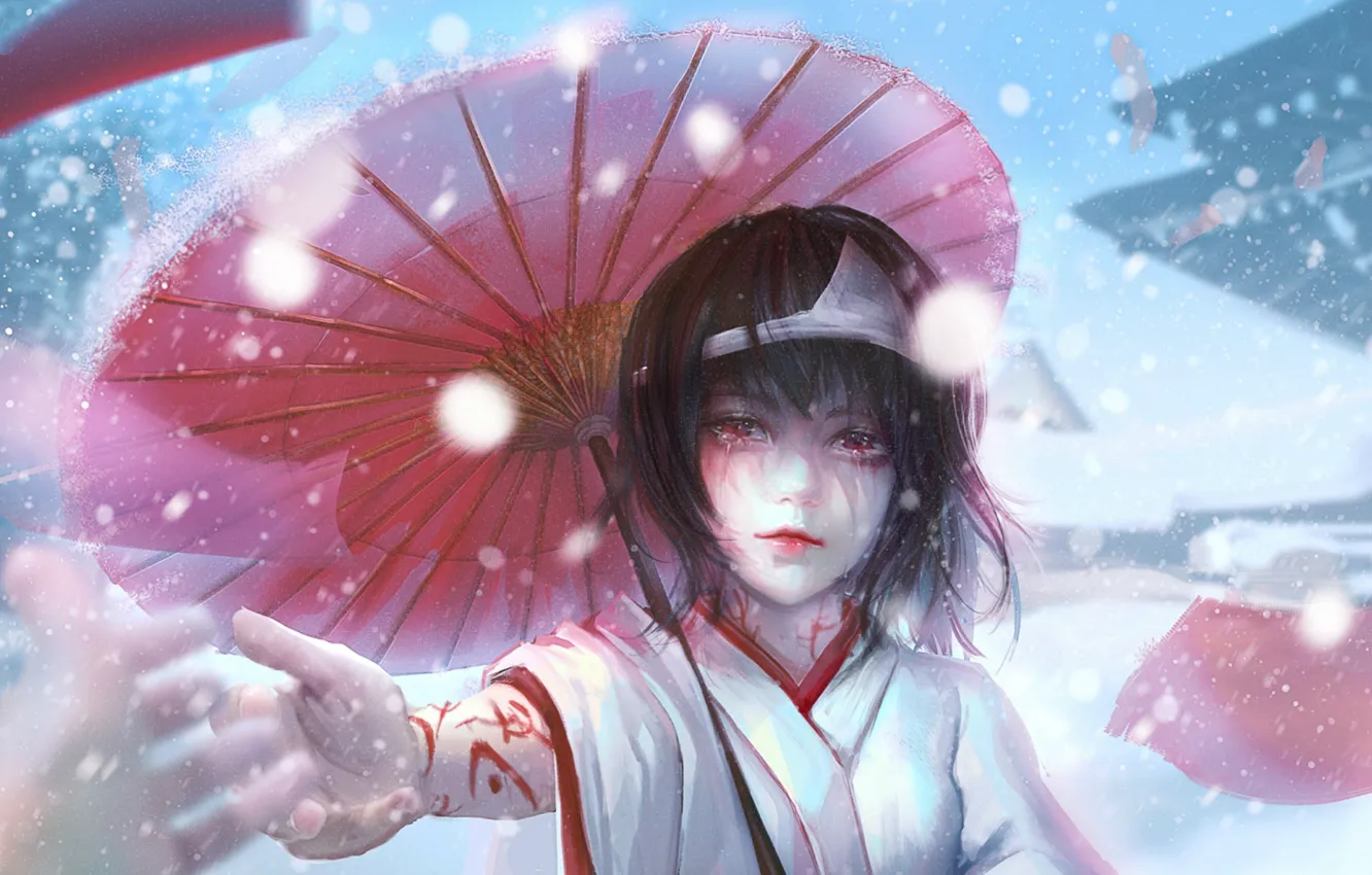 Фото обои снег, слезы, кимоно, красный зонт, вытянула правую руку, Бездомный Бог, Noragami, ёкай