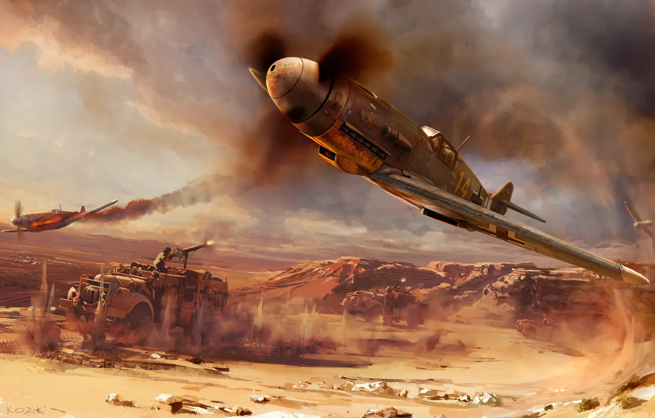 Фото обои пустыня, дым, самолёт, обстрел, Long Range Desert Group