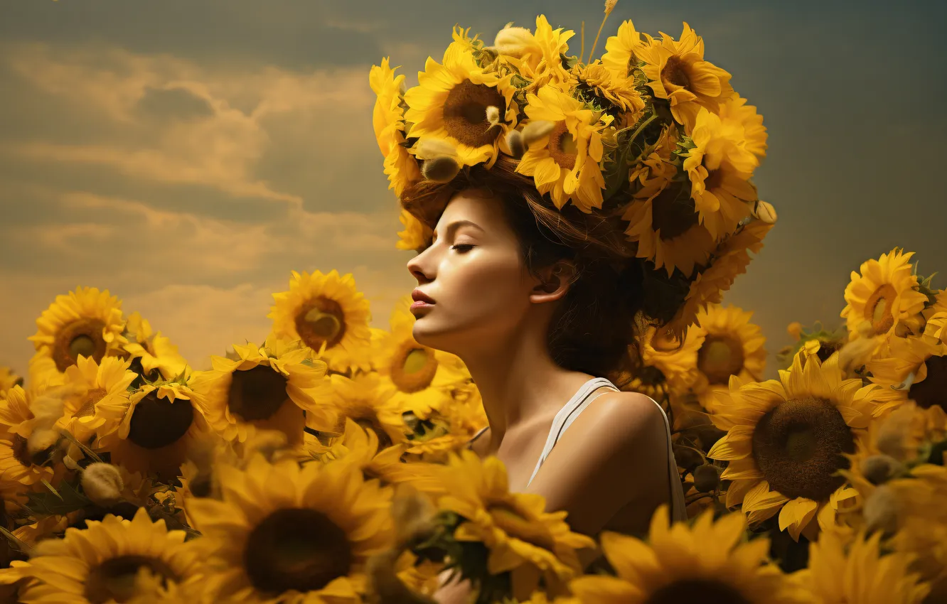 Фото обои поле, лето, небо, девушка, облака, подсолнухи, цветы, природа