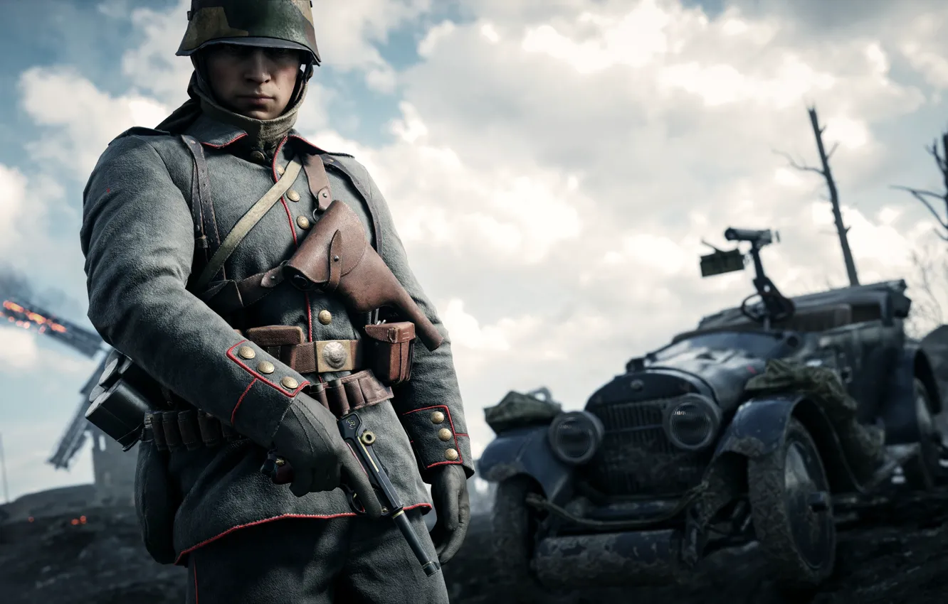 Фото обои пистолет, солдат, форма, автомобиль, Electronic Arts, Battlefield 1