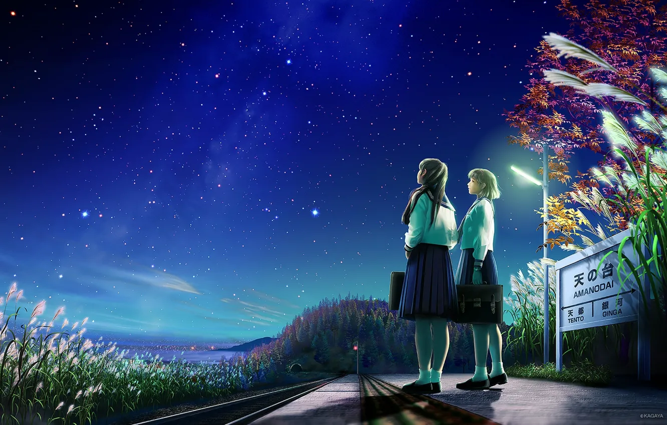 Фото обои дорога, звезды, ночь, природа, девушки, знак, аниме, арт
