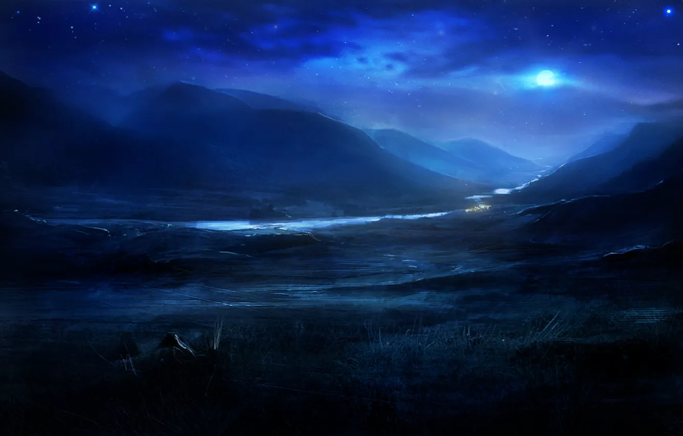 Фото обои звезды, ночь, природа, река, холмы, луна, арт