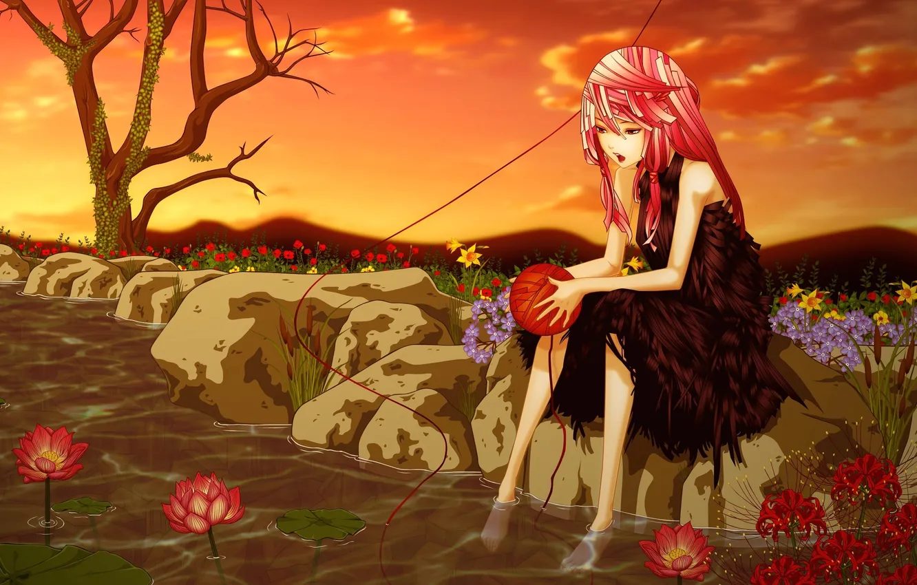 Фото обои вода, девушка, цветы, клубок, пруд, камни, дерево, арт