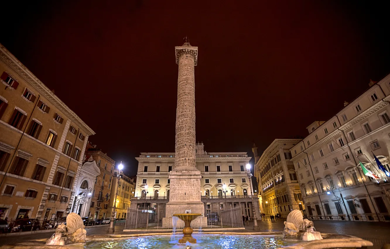 Фото обои небо, ночь, огни, дома, Рим, Италия, фонтан, площадь колонны