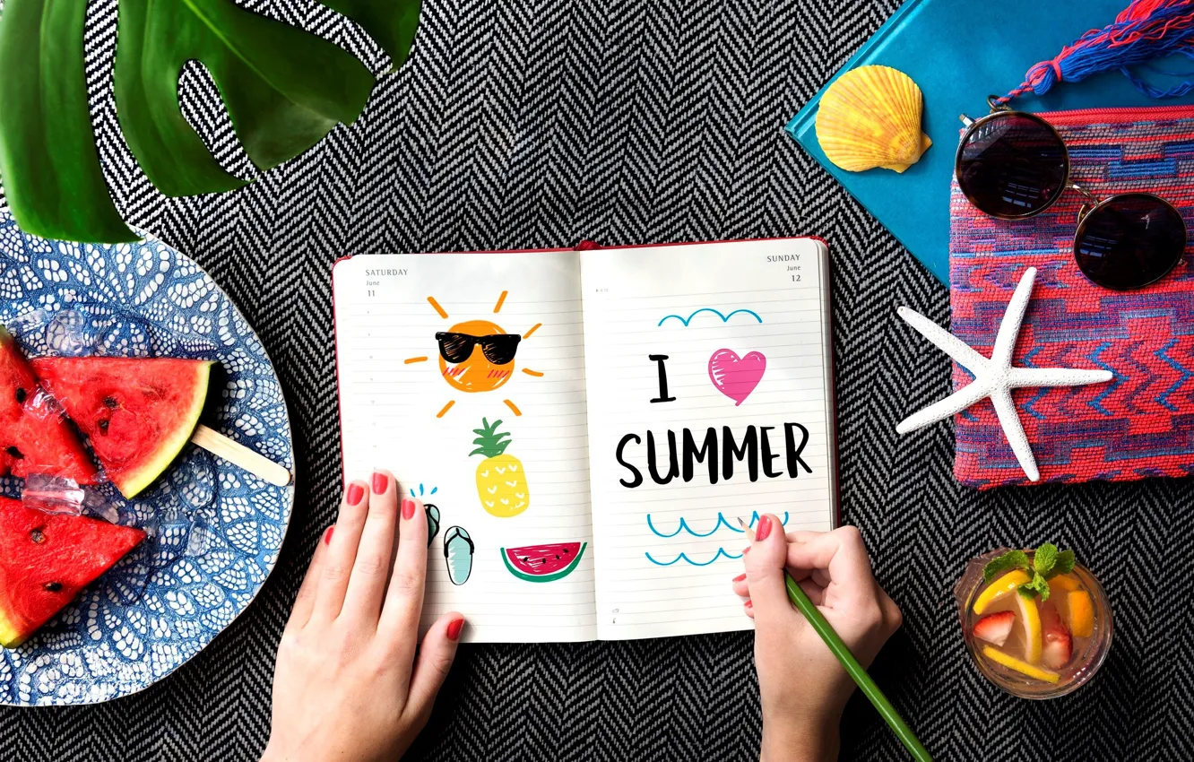 Фото обои лето, надпись, арбуз, очки, рисунки, блокнот, напиток