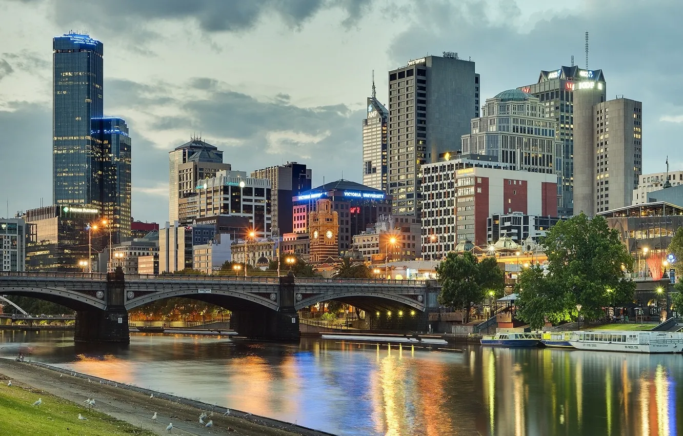 Фото обои мост, здания, Австралия, набережная, Melbourne, Yarra River, Australia, Мельбурн
