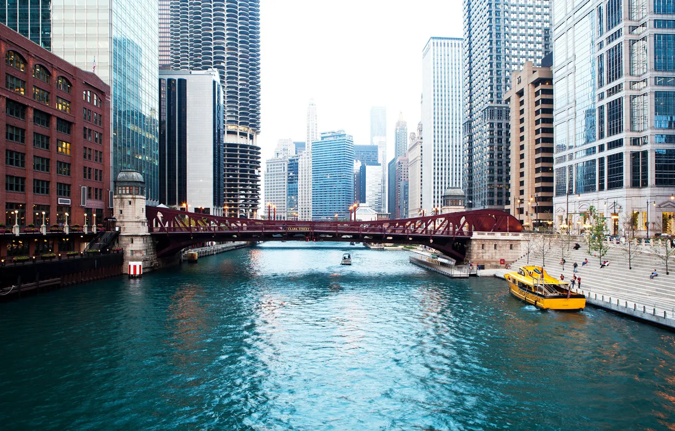 Фото обои мост, река, дома, небоскребы, Чикаго, США, катера