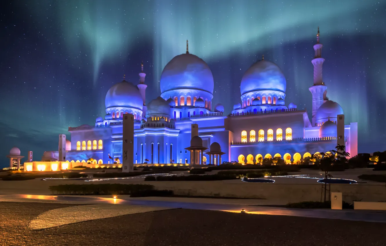 Фото обои небо, ночь, город, звёзды, освещение, ОАЭ, купола, Мечеть шейха Зайда